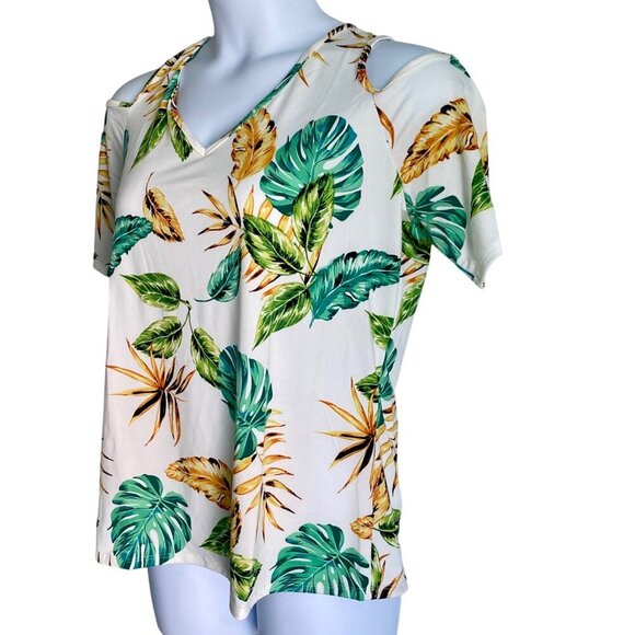 Cha Cha Vente Women's Tropical Leaf Print Cold Shoulder Top Large NEW NWT - Picture 5 of 10